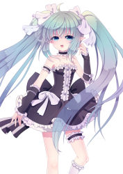 Rule 34 | 00s, 1girl, 6 yin, bare shoulders, bow, breasts, choker, cleavage, dress, dungeon and fighter, elbow pads, frills, green eyes, green hair, hair bow, hair ribbon, long hair, looking at viewer, mage (dungeon and fighter), matching hair/eyes, open mouth, pointy ears, ribbon, ruffled shirt, sleeveless, small breasts, solo, strapless, twintails