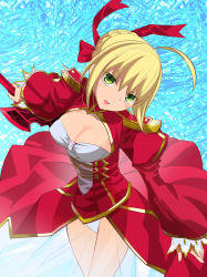 Rule 34 | 10s, 1girl, ahoge, blonde hair, breasts, cleavage, epaulettes, fate/extra, fate/stay night, fate (series), green eyes, hair ribbon, nero claudius (fate), nero claudius (fate) (all), nero claudius (fate/extra), panties, ribbon, robina, see-through, solo, type-moon, underwear