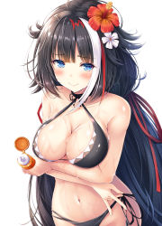 Rule 34 | 1girl, akashio (loli ace), azur lane, bare arms, bare shoulders, bikini, black bikini, black hair, blue eyes, breast hold, breasts, cleavage, collarbone, cowboy shot, deutschland (azur lane), deutschland (service time?!) (azur lane), flower, furrowed brow, groin, hair flower, hair ornament, halterneck, halterneck, hibiscus, highres, holding, large breasts, long hair, looking at viewer, lotion bottle, multi-strapped bikini, multicolored hair, navel, official alternate costume, side-tie bikini bottom, simple background, smile, solo, standing, streaked hair, string bikini, swimsuit, very long hair, water, wet, white background
