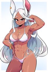 Rule 34 | 1girl, abs, absurdres, bikini, blue background, blush, boku no hero academia, bracelet, breasts, brown eyes, cleavage, collarbone, crescent, crescent necklace, dark skin, dashi (dashiart), earrings, flexing, hand on own hip, highres, jewelry, large breasts, long hair, looking at viewer, mirko, muscular, muscular female, necklace, necktie, rabbit ears, rabbit girl, raised eyebrow, side-tie bikini bottom, smile, sparkle, standing, swimsuit, white bikini, white hair