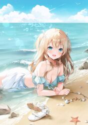 Rule 34 | 1girl, bare shoulders, beach, blonde hair, blue eyes, blue shirt, breasts, cleavage, collarbone, crop top, detached sleeves, hair ribbon, highres, horizon, jewelry, lens flare, long hair, looking at viewer, lying, medium breasts, midriff, miniskirt, necklace, ocean, on stomach, open mouth, original, outdoors, pleated skirt, revision, ribbon, sandals, shell, shell necklace, shirt, short sleeves, skirt, sleeveless, sleeveless shirt, smile, solo, spaghetti strap, summer, two side up, unworn sandals, water, weri, wet, white skirt