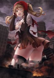 Rule 34 | 1girl, beret, black thighhighs, breasts, brown hair, brown skirt, city, corset, destruction, giant, giantess, girls&#039; frontline, hat, highres, long hair, medium breasts, neck ribbon, numaguro (tomokun0808), one eye closed, open mouth, puffy short sleeves, puffy sleeves, red hat, red ribbon, ribbon, shirt, short sleeves, skirt, solo, sten mkii (girls&#039; frontline), sten mkii (mod3) (girls&#039; frontline), thighhighs, torn clothes, torn shirt, torn skirt, torn thighhighs, twintails