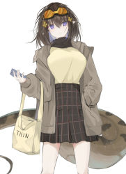 Rule 34 | 1girl, absurdres, alternate costume, arknights, bag, beige shirt, black hair, black scarf, black skirt, casual, commentary request, cowboy shot, eunectes (arknights), goggles, goggles on head, grey jacket, hand in pocket, handbag, highres, jacket, kaminarichyan, long sleeves, looking at viewer, miniskirt, open clothes, open jacket, pointy ears, purple eyes, scarf, shirt, short hair, simple background, skirt, snake tail, solo, standing, tail, white background