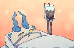 Rule 34 | 1other, :&lt;, artist name, bags under eyes, bed, blanket, boke-chan, bubble tea, colored sclera, furry, green sclera, grey eyes, half-closed eyes, intravenous drip, komasan, looking up, lying, nasal cannula, on back, open mouth, orange background, other focus, pillow, rolling eyes, signature, simple background, solo, under covers, what, youkai watch