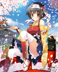 Rule 34 | 1girl, architecture, bare shoulders, black hair, blue skirt, brown eyes, castle, cherry blossoms, copyright name, detached sleeves, east asian architecture, flower, hair flower, hair ornament, headband, honda komatsu, japanese clothes, looking at viewer, petals, pleated skirt, sandals, sengoku tougeki~burning spirits~, shigunyan, short hair, sitting, skirt, solo, thighhighs, twitter username, white headband, white thighhighs, wide sleeves