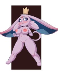 Rule 34 | 1girl, animal ears, animal feet, animal hands, animal nose, barefoot, blush, border, breasts, brown background, cleft of venus, collarbone, colored sclera, completely nude, creatures (company), crown, ears down, espeon, female focus, floating hat, forehead jewel, forked tail, full body, furry, furry female, game freak, gem, gen 2 pokemon, gluteal fold, groin, hands up, highres, hitmanatee, large breasts, legs, legs apart, long ears, navel, nintendo, nipples, nude, open mouth, outside border, personification, pokemon, pokemon (creature), purple sclera, pussy, raised eyebrows, red gemstone, shortstack, simple background, solo, standing, stomach, tail, teeth, thick thighs, thighs, tongue, uncensored, white border, white eyes, yellow headwear