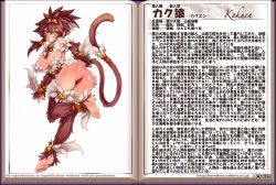 Rule 34 | 1girl, animal ears, anklet, ass, ass grab, bare shoulders, barefoot, blush, bracelet, breasts, brown hair, character profile, corset, female focus, fur, gold, grabbing own ass, grin, hairy, jewelry, kakuen (monster girl encyclopedia), kenkou cross, large breasts, looking at viewer, monkey, monkey ears, monkey girl, monkey tail, monster girl, monster girl encyclopedia, monster girl encyclopedia ii, official art, ponytail, grabbing own breast, smile, smirk, solo, tail, thighs, thong, translation request, yellow eyes
