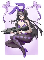 Rule 34 | 1girl, absurdres, akemi homura, alternate costume, animal ears, argyle, argyle clothes, argyle legwear, bare shoulders, black hair, black pantyhose, blush, bow, bowtie, breasts, bullpup, cleavage, closed mouth, collarbone, elbow gloves, embarrassed, fake animal ears, fingerless gloves, fishnet gloves, fishnets, full body, glasses, gloves, gun, hairband, halo (game), halo (series), highres, holding, holding gun, holding weapon, large breasts, leotard, long hair, looking at viewer, mahou shoujo madoka magica, mahou shoujo madoka magica (anime), pantyhose, playboy bunny, purple bow, purple bowtie, purple eyes, purple footwear, purple leotard, rabbit ears, red-framed eyewear, solo, wavy mouth, weapon, young savage