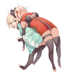 Rule 34 | 2girls, :3, ahoge, back-to-back, bare shoulders, bent over, black bow, black legwear, blonde hair, blush, bow, breasts, cleavage, cleavage cutout, closed mouth, clothing cutout, dark-skinned female, dark skin, detached sleeves, dress, dutch angle, fate (series), full body, hair bow, hair ribbon, long sleeves, looking at another, looking at viewer, lying, medium breasts, multiple girls, okita souji (fate), okita souji (koha-ace), okita souji alter (fate), okita souji alter (first ascension) (fate), omi (tyx77pb r2), on back, red dress, red ribbon, red scarf, ribbon, scarf, short dress, short hair, skindentation, sleeping, standing, thigh strap, thighs, toeless legwear, translation request, twitter username, v-shaped eyebrows, wide sleeves