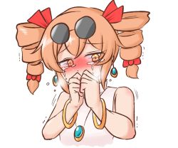 Rule 34 | 1girl, bare shoulders, blush, bow, bracelet, cropped torso, crying, drill hair, earrings, eyewear on head, jewelry, looking at viewer, mizusoba, necklace, no headwear, no jacket, nose blush, orange eyes, ring, solo, sunglasses, tearing up, tears, touhou, trembling, twin drills, upper body, white background, yorigami jo&#039;on