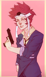 Rule 34 | 1boy, alternate costume, azama (fire emblem), bad id, bad tumblr id, brown hair, cowboy bebop, cowboy shot, crossover, dress shirt, closed eyes, fire emblem, fire emblem fates, formal, gun, handgun, headband, holding, holding gun, holding weapon, jacket, jacob-arts, long sleeves, male focus, necktie, nintendo, nose, parody, pistol, shirt, simple background, sleeves rolled up, solo, spike spiegel, trigger discipline, weapon, wing collar