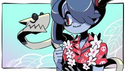 Rule 34 | 1girl, 770mk, blue hair, blue skin, colored skin, closed eyes, flower, flower necklace, hair over one eye, hawaiian shirt, jewelry, leaf, leviathan (skullgirls), necklace, palm leaf, palm tree, red eyes, shirt, skeleton, skeleton print, skullgirls, smile, squigly (skullgirls), stitched mouth, stitches, summer, sunglasses, symbol-only commentary, tree, twitter username, zombie