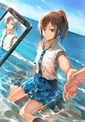 Rule 34 | 1girl, beach, black legwear, bra visible through clothes, copyright name, day, foreshortening, holding another&#039;s wrist, kamisakai, looking at viewer, miyamoto hikari, necktie, ocean, plaid necktie, pov, pov hands, recording, see-through, shirt, sitting, smile, socks, solo, solo focus, summer lesson, wet, wet clothes, wet shirt