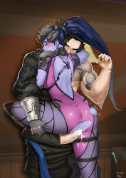 Rule 34 | 1boy, 1girl, ah-lyong lee, anus, ass, bar censor, black eyes, black hair, blue hair, blue skin, blush, breasts, censored, colored skin, earrings, closed eyes, hand on another&#039;s leg, hanzo (overwatch), head-mounted display, helmet, hetero, highres, hug, jewelry, long hair, looking back, overwatch, overwatch 1, penis, ponytail, sex, sideboob, skin tight, standing, standing on one leg, tattoo, tears, textless version, thigh grab, thigh strap, torn clothes, translation request, trembling, vaginal, veins, veiny penis, visor, widowmaker (overwatch), yellow eyes