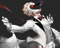 Rule 34 | 1boy, bad id, bad pixiv id, beak, blonde hair, caligula (game), fake wings, formal, grey background, haruno14, looking up, male focus, outstretched arms, plague doctor mask, solo, spread arms, stork (caligula), suit, vest, wings