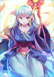 Rule 34 | 1girl, :d, absurdres, air bubble, aqua hair, aqua skirt, blue kimono, blunt bangs, blush, bubble, choker, commentary request, cowboy shot, duel monster, emblem, headgear, highres, holding, holding staff, japanese clothes, kanzakietc, kimono, light rays, long hair, long skirt, long sleeves, looking at viewer, marincess great bubble reef, open hand, open mouth, pink sash, red eyes, ribbon, sash, sidelocks, skirt, smile, solo, staff, sunbeam, sunlight, white choker, wide sleeves, yu-gi-oh!