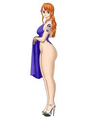Rule 34 | 1girl, absurdres, ass, blue dress, clothes lift, curvy, dress, dress lift, high heels, highres, legs together, lifting own clothes, long hair, melonpeachcakee, nami (one piece), nami (one piece) (zou), navel, no panties, one piece, orange eyes, orange hair, purple dress, revealing clothes, shiny skin, short dress, shoulder tattoo, smile, standing, tattoo, white background, wide hips