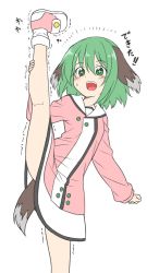 Rule 34 | + +, 1girl, animal ears, bare legs, commentary request, dog ears, dog tail, dress, green eyes, green hair, hair between eyes, kasodani kyouko, kazawa (tonzura-d), kneepits, long sleeves, open mouth, pink dress, pink footwear, shoes, short dress, short hair, simple background, smile, solo, split, standing, standing on one leg, standing split, tail, touhou, trembling, white background
