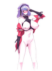 Rule 34 | 1girl, aqua centolm, banpresto, blue hair, blush, breastless clothes, breasts, elbow gloves, embarrassed, female pubic hair, fingerless gloves, functionally nude, gloves, green eyes, hand to forehead, highres, large breasts, looking at viewer, nipples, pubic hair, pussy, q azieru, simple background, solo, standing, super robot wars, uncensored
