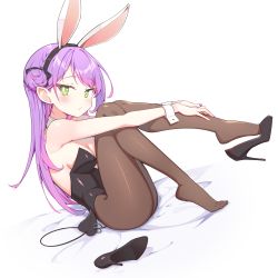 Rule 34 | 1girl, absurdres, animal ears, bare arms, bare shoulders, bed sheet, black footwear, black hairband, black pantyhose, braid, breasts, brown pantyhose, bush, cleavage, closed mouth, commentary request, demon tail, fake animal ears, french braid, from side, full body, green eyes, hair bun, hairband, high heels, highres, hololive, hugging own legs, knees up, leotard, long hair, looking at viewer, medium breasts, nail polish, pantyhose, piercing, pink nails, playboy bunny, pointy ears, purple eyes, quarterlift, rabbit ears, shoe dangle, shoes, unworn shoes, side bun, simple background, single hair bun, single shoe, single side bun, sitting, solo, strapless, strapless leotard, tail, tail ornament, tail piercing, toenail polish, toenails, tokoyami towa, very long hair, virtual youtuber, white background, wrist cuffs