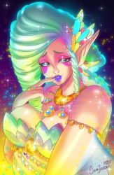 Rule 34 | 1girl, aqua hair, armlet, artist name, asymmetrical hair, blue lips, breasts, ciara jackson, cleavage, finger to mouth, glitter, great fairy (zelda), great fairy tera, green hair, highres, jewelry, lipstick, looking at viewer, makeup, multicolored hair, nail polish, nintendo, pointy ears, smile, solo, sparkle, the legend of zelda, the legend of zelda: breath of the wild, two-tone hair, upper body