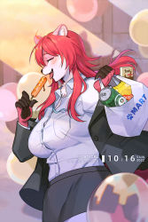 Rule 34 | 1girl, animal ears, animal nose, bag, beer can, black jacket, black skirt, blazer, brand name imitation, breasts, can, chips (food), collared shirt, commentary, commission, corn dog, dated, drink can, english commentary, fang, food, from side, furry, furry female, highres, holding, holding bag, holding food, jacket, lay&#039;s (potato chips), long hair, medium breasts, mooopl, office lady, original, otter ears, otter girl, pocky, potato chips, red hair, shirt, shopping bag, skirt, smile, snout, solo, tongue, tongue out, watermark, white shirt