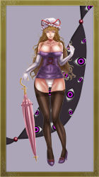 Rule 34 | 1girl, adapted costume, amibazh, blonde hair, bow, breasts, cleavage, dress, elbow gloves, framed, gloves, grin, hat, hat bow, hat ribbon, high heels, highres, large breasts, long hair, looking at viewer, microdress, mob cap, navel, panties, pantylines, parasol, ribbon, short dress, skin tight, smile, solo, strapless, strapless dress, thighhighs, touhou, umbrella, underwear, white panties, yakumo yukari