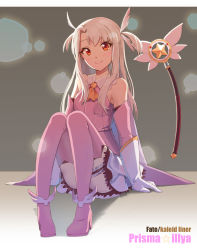 Rule 34 | 1girl, absurdres, bare shoulders, blonde hair, blush, boots, breasts, cape, copyright name, daika!!, detached sleeves, dress, fate/kaleid liner prisma illya, fate (series), feather hair ornament, feathers, gloves, hair ornament, highres, illyasviel von einzbern, jewelry, kaleidostick, light brown hair, long hair, long sleeves, looking at viewer, magical girl, magical ruby, parted bangs, pink background, pink cape, pink dress, pink feathers, pink footwear, pink gloves, pink sleeves, pink thighhighs, pleated skirt, prisma illya, red eyes, simple background, sitting, skirt, small breasts, smile, thigh boots, thighhighs, very long hair, wand, white feathers, white gloves, white skirt, yellow neckwear