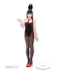 Rule 34 | 1girl, absurdres, animal ears, black footwear, black hair, black leotard, black pantyhose, bow, bowtie, breasts, detached collar, full body, glasses, green eyes, highres, kantai collection, leaning forward, leotard, long hair, looking at viewer, multiple views, necktie, ojipon, ooyodo (kancolle), pantyhose, playboy bunny, rabbit ears, red necktie, small breasts, smile, standing, strap, translated, waving, wrist cuffs