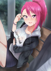 Rule 34 | 10s, 1girl, band shirt, bare legs, bench, black jacket, blurry, bra, bra visible through clothes, bracelet, breast hold, breasts, commentary request, depth of field, hair between eyes, highres, hood, hood down, hooded jacket, idolmaster, idolmaster million live!, jacket, jewelry, kaiga, large breasts, long hair, looking at viewer, maihama ayumu, merchandise, motorhead, necklace, open clothes, open jacket, open mouth, outdoors, pink eyes, pink hair, ponytail, print shirt, rain, see-through, shirt, sitting, skirt, solo focus, striped clothes, striped skirt, underwear, wet, white shirt