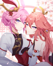 Rule 34 | 2girls, absurdres, animal ears, armor, bare shoulders, cherry blossoms, closed mouth, company connection, crossover, earrings, fox ears, genshin impact, hair bun, hair ornament, highres, honkai (series), honkai impact 3rd, japanese armor, japanese clothes, jewelry, long hair, looking at viewer, mercury jc, mihoyo, miko, multiple girls, name connection, open mouth, pink hair, purple eyes, sakura ayane, single hair bun, smile, trait connection, voice actor connection, white sleeves, yae miko, yae sakura, yae sakura (flame sakitama)