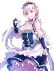 Rule 34 | 1girl, apron, arm guards, azur lane, bare shoulders, belfast (azur lane), blush, braid, breasts, broken, broken chain, chain, cleavage, clothes lift, collar, collarbone, commentary request, corset, dress, elbow gloves, french braid, frilled dress, frills, gloves, grey eyes, highres, kagaa (user vjrx4323), large breasts, long hair, looking at viewer, maid, maid apron, maid headdress, pantyhose, purple eyes, silver hair, skirt, skirt lift, sleeveless, sleeveless dress, smile, solo, thighhighs, thighs, waist apron, white apron, white background, white gloves, white thighhighs