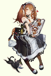 Rule 34 | 1girl, alternate costume, apron, bag, bare shoulders, bell, blush, bow, breasts, brown eyes, brown hair, brown pantyhose, cake, cat, cherry, choker, cleavage, coffee, coffee mug, collar, collarbone, cookie, cup, dress, enmaided, fingerless gloves, food, footwear bow, frilled choker, frills, fruit, girls&#039; frontline, gloves, hair between breasts, hair bow, hair ornament, heart, holding, holding tray, leaning forward, long hair, looking at viewer, maid, maid apron, maid headdress, mania (fd6060 60), medium breasts, mug, one eye closed, open mouth, pantyhose, pretzel, saucer, scar, scar across eye, scar on face, shoes, simple background, skirt, smile, solo, strap, strapless, strapless dress, tassel, tray, twintails, ump9 (girls&#039; frontline)