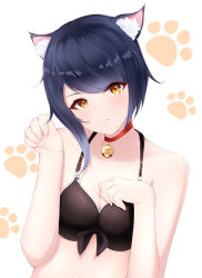 Rule 34 | 1girl, animal ears, bare shoulders, bell, blue hair, bra, breasts, cat ears, closed mouth, collar, genshin impact, highres, kujou sara, looking at viewer, neck bell, paw pose, paw print, pisuke (user kcmh2774), short hair, simple background, solo, underwear, white background, yellow eyes