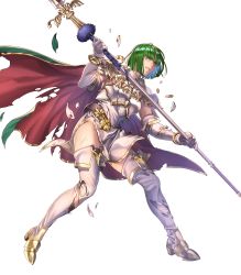 Rule 34 | 1girl, armor, belt, black thighhighs, boots, breastplate, broken armor, cape, clenched teeth, dithorba (fire emblem), dress, elbow gloves, female focus, fire emblem, fire emblem: genealogy of the holy war, fire emblem heroes, full body, gloves, gold trim, green eyes, green hair, high heels, highres, holding, holding polearm, holding spear, holding weapon, looking away, matching hair/eyes, nintendo, official art, parted lips, polearm, shiny skin, short dress, short hair, shoulder armor, sleeveless, solo, spear, teeth, thigh boots, thighhighs, thighs, torn cape, torn clothes, torn thighhighs, transparent background, turtleneck, weapon, white dress, white footwear, white gloves, yoneko okome99, zettai ryouiki