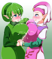Rule 34 | 2girls, blonde hair, blue eyes, blush, breast press, breasts, buuta (densya101), dress, eye contact, female focus, gradient background, green eyes, green hair, green hairband, green sweater, hair between eyes, hairband, hat, highres, holding hands, huge breasts, interlocked fingers, lactation, lactation through clothes, layered sleeves, long sleeves, looking at another, multiple girls, nintendo, open mouth, pink dress, pointy ears, princess zelda, profile, ribbed sweater, saria (zelda), short hair, short over long sleeves, short sleeves, smile, standing, sweater, symmetrical docking, the legend of zelda, the legend of zelda: ocarina of time, triforce, young zelda