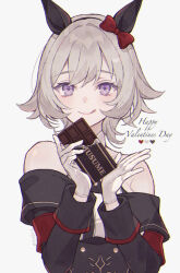 Rule 34 | 1girl, :q, animal ears, black dress, bow, candy, chocolate, chocolate bar, closed mouth, clothing cutout, copyright name, curren chan (umamusume), cursive, dress, ear bow, english text, food, gloves, grey background, grey hair, halterneck, happy valentine, heart, holding, holding food, horse ears, horse girl, licking lips, long sleeves, looking at viewer, purple eyes, red bow, satsuki (miicat), short hair, shoulder cutout, simple background, smile, solo, tongue, tongue out, twitter username, umamusume, upper body, valentine, white gloves