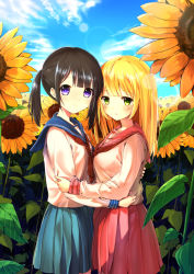 Rule 34 | 2girls, absurdres, blonde hair, blue skirt, breasts, brown hair, closed mouth, cloud, cona kinaco, day, flower, from side, green eyes, hand on another&#039;s back, head tilt, heart, heart-shaped pupils, highres, lens flare, long hair, long sleeves, looking at viewer, medium breasts, multiple girls, neckerchief, original, outdoors, parted lips, pleated skirt, purple eyes, red neckerchief, red skirt, school uniform, serafuku, shirt, short twintails, skirt, sky, smile, standing, sunflower, symbol-shaped pupils, twintails, white shirt