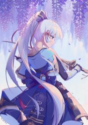 Rule 34 | 1girl, armor, armored dress, ayaka (genshin impact), back bow, blue eyes, blue hair, blue shirt, blue skirt, blunt tresses, bow, closed mouth, commentary request, cowboy shot, falling petals, flower, from behind, genshin impact, gloves, highres, holding, holding sword, holding weapon, japanese armor, light blue hair, long hair, long sleeves, partially fingerless gloves, petals, ponytail, profile, shirt, skirt, solo, sword, tassel, very long hair, vision (genshin impact), weapon, wisteria, z-dream