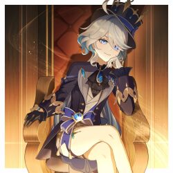 Rule 34 | ahoge, azuma07t, bare legs, black gloves, blue eyes, closed mouth, coat, crossed legs, furina (genshin impact), genshin impact, gloves, heterochromia, highres, legs, long sleeves, looking at viewer, sitting, smile, thigh strap, thighs, throne, white hair
