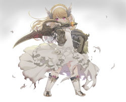 Rule 34 | 1girl, armor, warrior of light (ff14), babape, blonde hair, boots, covered mouth, dress, fictional persona, fighting stance, final fantasy, final fantasy xiv, floating hair, full body, gauntlets, hairband, hand up, highres, holding, holding shield, holding sword, holding weapon, lalafell, long dress, long hair, looking at viewer, paladin (final fantasy), pointy ears, purple eyes, shield, solo, sparkle, standing, sword, torn clothes, torn dress, weapon, white dress, wind