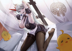 Rule 34 | 1girl, absurdres, apron, armpits, arms behind back, asymmetrical horns, azur lane, between breasts, black dress, black necktie, breasts, brown pantyhose, center opening, dress, fangs, grey eyes, grey hair, hakuryuu (azur lane), hakuryuu (slice dice and serve) (azur lane), highres, horns, indoors, large breasts, long hair, manjuu (azur lane), mismatched horns, mole, mole on breast, multiple horns, necktie, necktie between breasts, official alternate costume, open mouth, pantyhose, pillow, red horns, sama (sama24654684), short dress, sleeveless, solo, very long hair, white apron, white horns