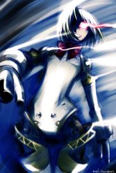 Rule 34 | 1girl, aegis (persona), android, arm at side, artist name, atlus, blonde hair, bow, bowtie, cowboy shot, glowing, glowing eye, gradient background, grin, joints, looking at viewer, looking back, mike156, open mouth, persona, persona 3, pink eyes, red bow, red bowtie, robot joints, shaded face, short hair, sketch, smile, solo, standing, teeth, thigh gap