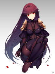 Rule 34 | 1girl, armor, bad id, bad pixiv id, bodysuit, commentary request, covered navel, fate/grand order, fate (series), full body, gradient background, highres, legs, long hair, looking at viewer, pauldrons, petals, purple bodysuit, purple hair, red eyes, scathach (fate), shiny clothes, shoulder armor, smile, solo, toes, veil, very long hair, yukibi (ykb)