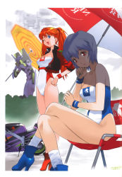 Rule 34 | 2girls, absurdres, alternate hairstyle, at field, ayanami rei, bare shoulders, blue eyes, blue hair, breasts, casual one-piece swimsuit, cleavage, crossed legs, eva 01, hand on own hip, high heels, highleg, highleg leotard, highleg swimsuit, highres, jacket, leotard, long hair, mecha, medium breasts, multiple girls, neon genesis evangelion, nerv, one-piece swimsuit, one eye closed, race queen, red eyes, red hair, robot, scan, scan artifacts, shoes, short hair, sitting, souryuu asuka langley, standing, straight neck, strapless, strapless one-piece swimsuit, swimsuit, twintails, umbrella, wink, wristband, yoshizaki mine