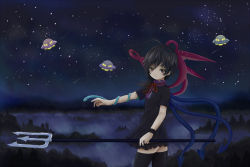 Rule 34 | 1girl, ahoge, asymmetrical wings, bad id, bad pixiv id, black hair, brown eyes, dress, fog, forest, high collar, houjuu nue, kioa (yamabuki-yellow), light smile, looking at viewer, nature, night, outdoors, outstretched arm, polearm, ribbon, shooting star, short hair, sky, snake, solo, star (sky), starry sky, thighhighs, touhou, trident, ufo, weapon, wings, wristband, zettai ryouiki