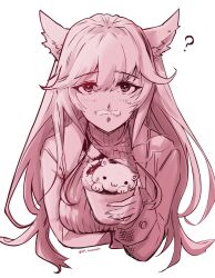 Rule 34 | 1girl, ?, animal ears, arm under breasts, breasts, coffee, coffee mug, commentary request, cup, foam mustache, girls&#039; frontline, girls&#039; frontline neural cloud, hair between eyes, highres, holding, holding cup, jacket, kpl kuzumochi, large breasts, latte art, long hair, looking at viewer, monochrome, mug, open mouth, persicaria (neural cloud), ribbed sweater, simple background, solo, sweater, twitter username, upper body, white background