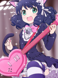 Rule 34 | 10s, 1girl, :d, animal ears, bell, black hair, blush, bow, cat ears, cat tail, curly hair, cyan (show by rock!!), fang, gothic lolita, green eyes, guitar, instrument, lolita fashion, long hair, maid headdress, open mouth, pikuharu, ringlets, show by rock!!, smile, solo, striped clothes, striped thighhighs, tail, thighhighs