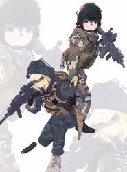 Rule 34 | 2girls, aiming, assault rifle, backpack, bag, baseball cap, blonde hair, blue eyes, camouflage, commentary, giving, gloves, gun, hat, helmet, highres, holding, holding gun, holding weapon, hood, hood up, load bearing vest, m4 carbine, magazine (weapon), military, multiple girls, on one knee, original, police, rifle, scope, safety glasses, weapon, white background, yoriha yashiro, zoom layer