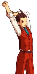 Rule 34 | 1boy, ace attorney, apollo justice, apollo justice: ace attorney, arms up, belt, blue necktie, bracelet, brown eyes, brown hair, capcom, cowboy shot, jewelry, kobashi, lowres, male focus, necktie, pants, red pants, red theme, sleeves rolled up, solo, stretching, vest
